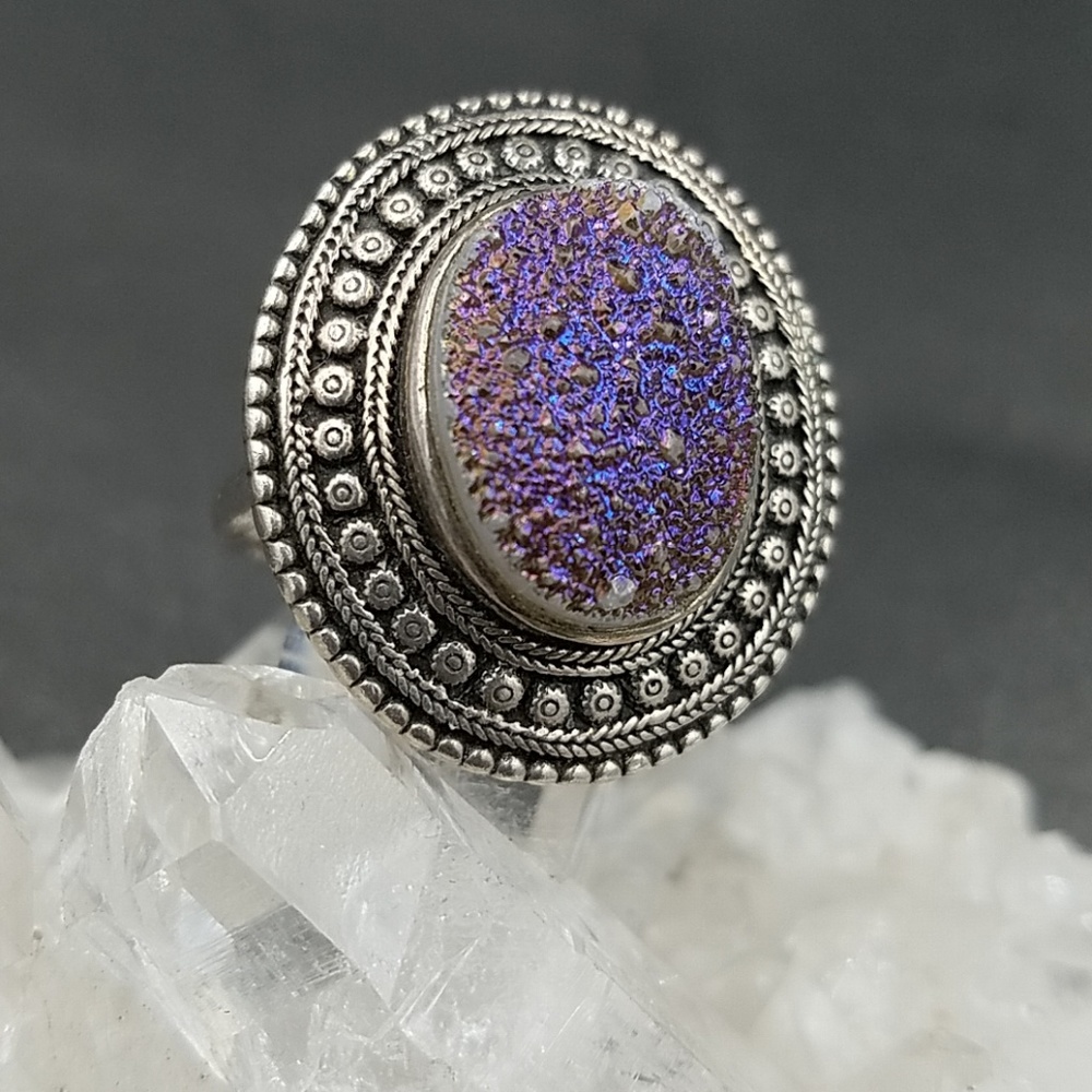 Huge Sterling Titanium Flashed Druzy Quartz Ring